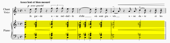 Piano-vocal score with grand staff (i.e. both piano staves) highlighted in yellow