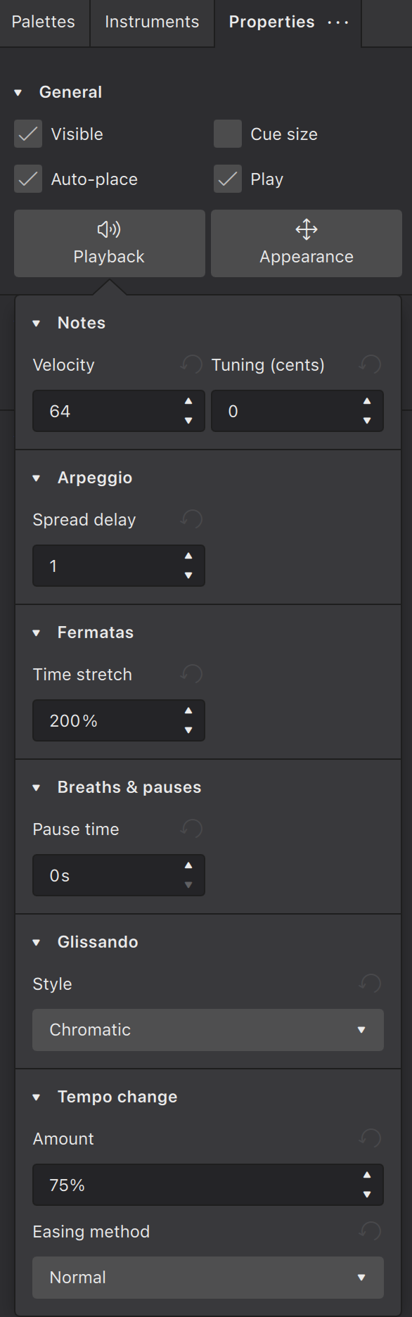 Image of Properties panel showing playback settings